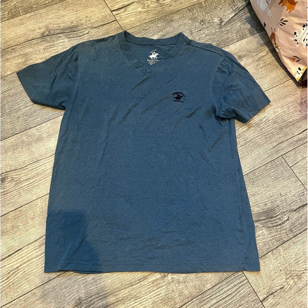 Beverly‎ Hills Polo Club Mens Medium T Shirt V Neck Solid Plain Blue With Logo